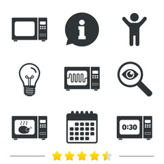 Microwave oven icons. Cook in electric stove symbols. Grill chicken with timer signs. Information, light bulb and calendar icons. Investigate magnifier. Vector