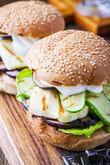 Grilled vegetable and haloumi burger with romaine lettuce, Greek style