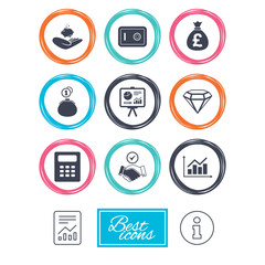 Money, cash and finance icons. Handshake, safe and calculator signs. Chart, safe and jewelry symbols. Report document, information icons. Vector