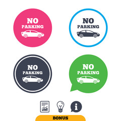 No parking sign icon. Private territory symbol. Report document, information sign and light bulb icons. Vector