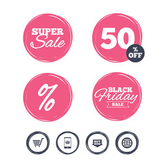 Super sale and black friday stickers. Online shopping icons. Smartphone, shopping cart, buy now arrow and internet signs. WWW globe symbol. Shopping labels. Vector