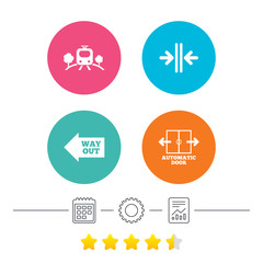 Train railway icon. Overground transport. Automatic door symbol. Way out arrow sign. Calendar, cogwheel and report linear icons. Star vote ranking. Vector