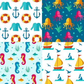 Seamless patterns nautical elements 