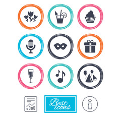 Party celebration, birthday icons. Cocktail, air balloon and champagne glass signs. Gift box, flowers and carnival symbols. Report document, information icons. Vector