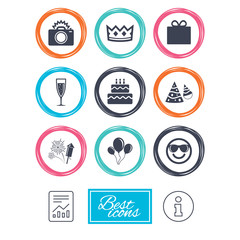 Party celebration, birthday icons. Fireworks, air balloon and champagne glass signs. Gift box, cake and photo camera symbols. Report document, information icons. Vector