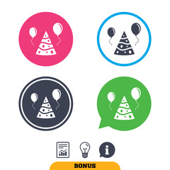 Party hat sign icon. Birthday celebration symbol. Air balloon with rope. Report document, information sign and light bulb icons. Vector