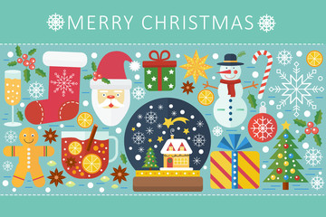 Vector elegant color flat Christmas and Happy New Year concept. Website header banner icons elements layout. Presentation, flyer and poster. Merry Christmas.