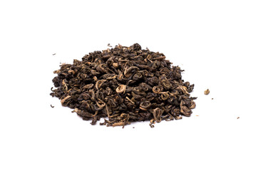 Pile of dried green tea isolated on white background.