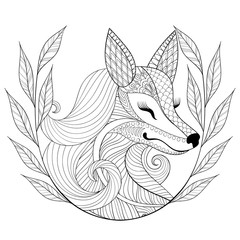 Zentangle Fox face in monochrome doodle style. Hand drawn Wild a - 127246333
