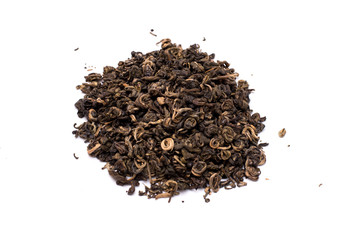 Pile of dried green tea isolated on white background.