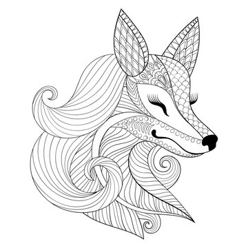 Zentangle Fox face in monochrome doodle style. Hand drawn Wild a