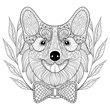 Zentangle Welsh Corgi with bow tie in wreath frame, doodle style
