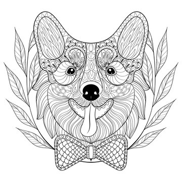 Zentangle Welsh Corgi with bow tie in wreath frame, doodle style