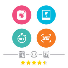 Hipster retro photo camera icon. Manual focus symbols. Stopwatch timer off sign. Macro symbol. Calendar, cogwheel and report linear icons. Star vote ranking. Vector