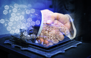 Industrial 4.0 and smart factory concept. Business people handshake holding hands with engineerer and industry infographic. Electric circuit and binary coded background