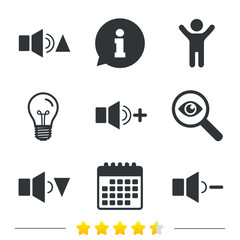 Player control icons. Sound louder and quieter signs. Dynamic symbol. Information, light bulb and calendar icons. Investigate magnifier. Vector