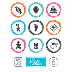 Pregnancy, maternity and baby care icons. Candy, strollers and pacifier signs. Footprint, birthday cake and heart symbols. Report document, information icons. Vector