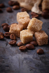 Brown cane sugar and coffee beans