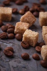 Brown cane sugar and coffee beans