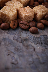 Brown cane sugar and coffee beans