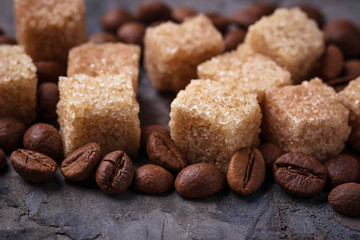 Brown cane sugar and coffee beans