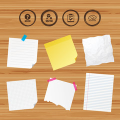 Business paper banners with notes. Quiz icons. Human brain think. Checklist with check mark symbol. Survey poll or questionnaire feedback form sign. Sticky colorful tape. Vector