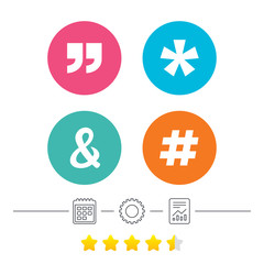 Quote, asterisk footnote icons. Hashtag social media and ampersand symbols. Programming logical operator AND sign. Calendar, cogwheel and report linear icons. Star vote ranking. Vector
