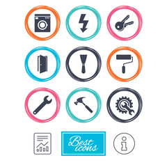 Repair, construction icons. Electricity, keys and hammer signs. Door, washing machine and service symbols. Report document, information icons. Vector
