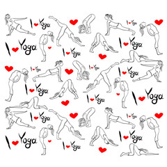 I love yoga!  for your design. Seamless texture, perfect for fabric design,wrapping paper, web page, scrapbook elements. Style doodle  Ink illustration. Black and white.