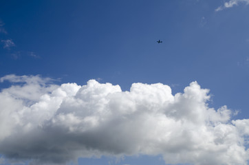 Sunny blue sky and clouds and airplane