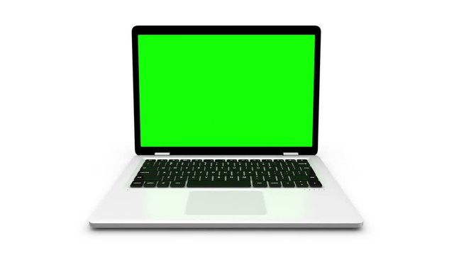 
Modern laptop appear from different positions isolated on white. 
Animation with green screen.
