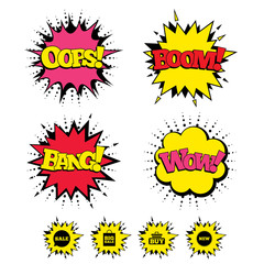 Comic Boom, Wow, Oops sound effects. Sale speech bubble icon. Buy cart symbol. New star circle sign. Big sale shopping bag. Speech bubbles in pop art. Vector