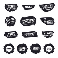 Ink brush sale stripes and banners. Sale icons. Special offer speech bubbles symbols. Big sale and best price shopping signs. Black friday. Ink stroke. Vector