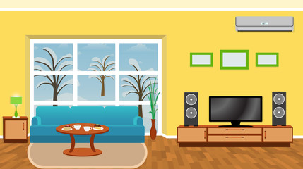 Bright living room interior with modern furniture and winter landscape outside the window.