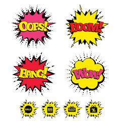 Comic Boom, Wow, Oops sound effects. Sale speech bubble icon. Black friday gift box symbol. Big sale shopping bag. Discount percent sign. Speech bubbles in pop art. Vector