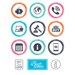 Online shopping, e-commerce and business icons. Auction, phone call and information signs. Piggy bank, calendar and smartphone symbols. Report document, information icons. Vector