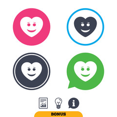 Smile heart face sign icon. Happy smiley with hairstyle chat symbol. Report document, information sign and light bulb icons. Vector