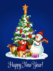 Happy New Year poster of christmas tree, snowman