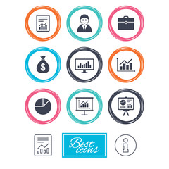 Statistics, accounting icons. Charts, presentation and pie chart signs. Analysis, report and business case symbols. Report document, information icons. Vector