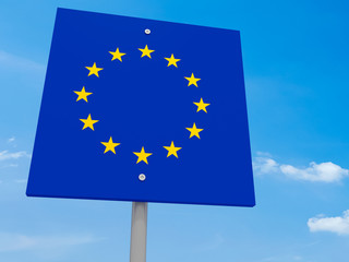 EU Flag Road Sign Against A Cloudy Sky, 3d illustration