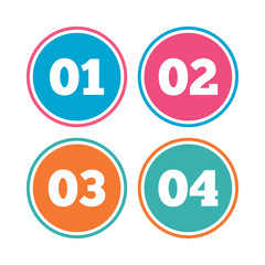 Step one, two, three and four icons. Sequence of options symbols. Loading process signs. Colored circle buttons. Vector