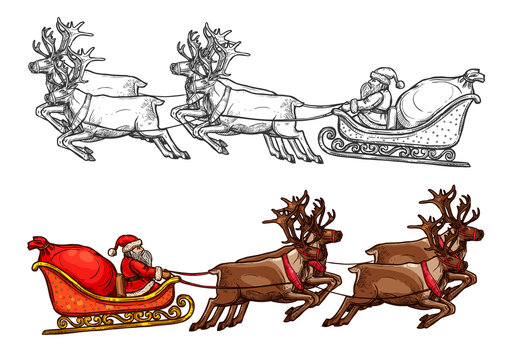 Santa Sleigh Clipart - Santa On His Sleigh Drawing, HD Png Download - vhv