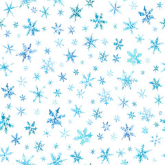 Vector pattern of watercolor snowflakes isolated on white.
