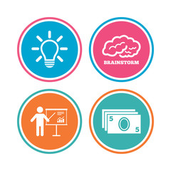 Presentation billboard, brainstorm icons. Cash money and lamp idea signs. Man standing with pointer. Scheme and Diagram symbol. Colored circle buttons. Vector