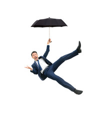 Image of businessman holding umbrella and flying on a white background © ASDF