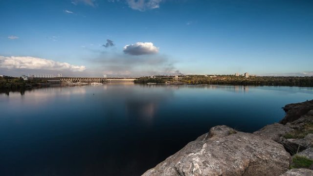Time lapse view of the river Dnepr and hydro electric station