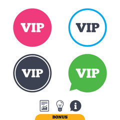 Vip sign icon. Membership symbol. Very important person. Report document, information sign and light bulb icons. Vector