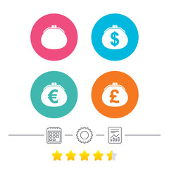 Wallet with Dollar, Euro and Pounds currency icons. Cash bag signs. Retro wealth symbol. Calendar, cogwheel and report linear icons. Star vote ranking. Vector