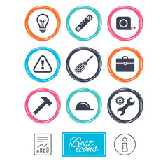 Repair, construction icons. Engineering, helmet and screwdriver signs. Lamp, electricity and attention symbols. Report document, information icons. Vector