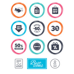 Sale discounts icon. Shopping, handshake and bonus signs. 20, 30, 40 and 50 percent off. Special offer symbols. Report document, information icons. Vector